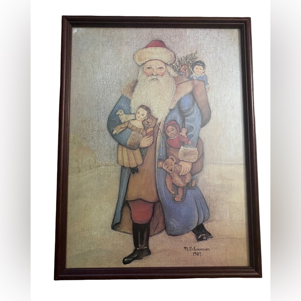 Vintage 1987 Folk Art Santa Claus Print Signed by Artist N. Schneeman